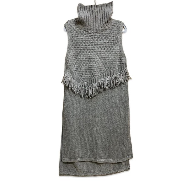 NOMAD by MORGAN CARPER Fringed Gray Sleeveless Tunic Sweater Dress TurtleNeck M - Picture 4 of 16